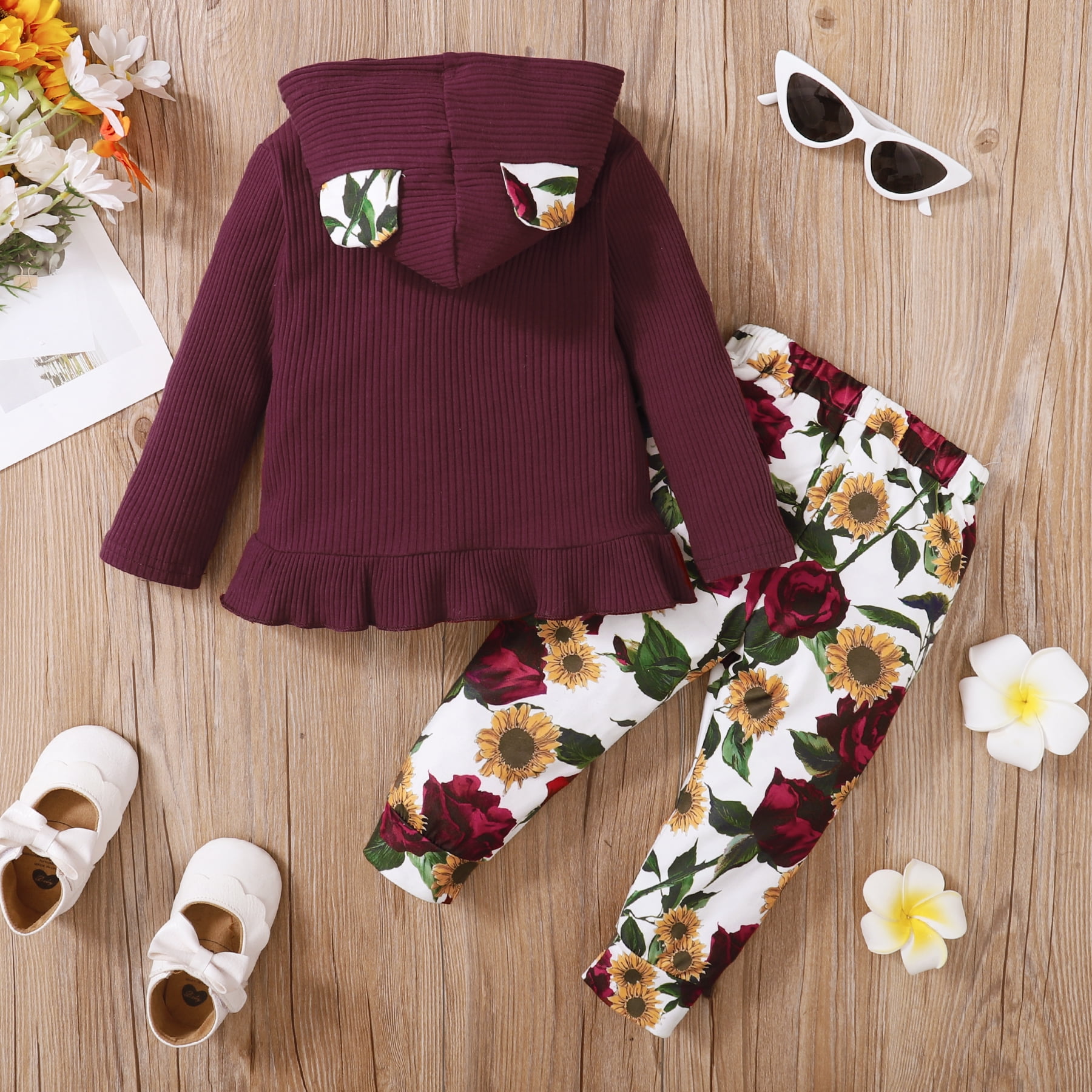 2pcs Hooded Floral Print Long-sleeve Baby Set