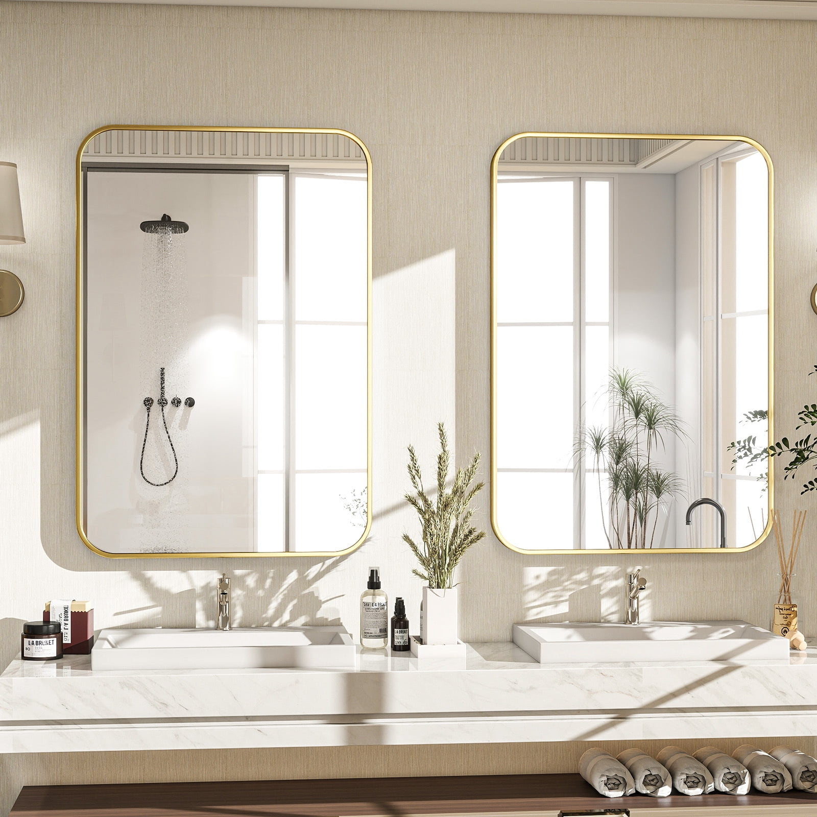 Gleamira 30"x40" Bathroom Mirror Wall-Mounted Mirror with Rectangular Metal Frame, Gold