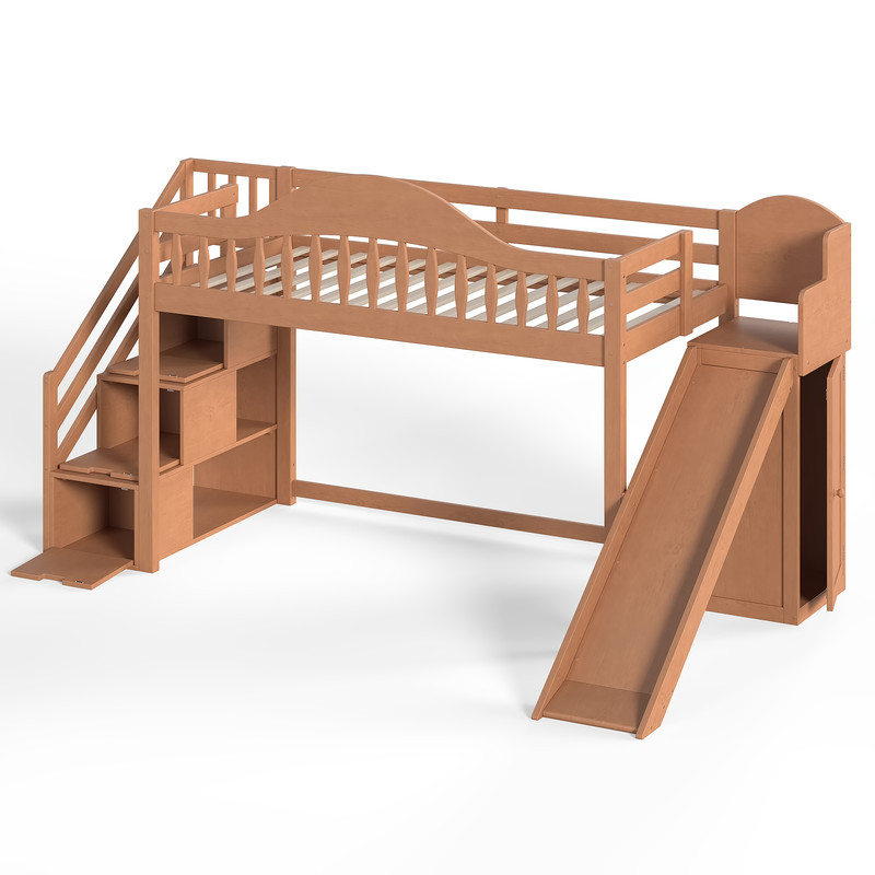 Twin Size Kids/Teens Loft Bed with Storage Staircase, Slide & Wardrobe, Princess Bed Frame with Curved Guardrail