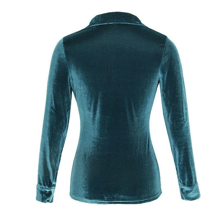 YYDGH Dress Shirts for Women Winter Velvet Long Sleeve Button Pocket Casual  Shirt Top(Blue,L) 
