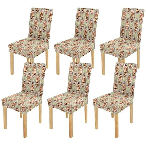 POGLIP Yellow & Red Eastern Stretch Chair Cover Protector Seat Slipcover for Dining Room Hotel Wedding Party Set of 6