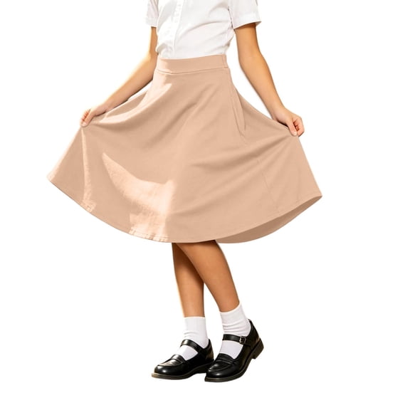 Girls Midi Swing Skater Skirt,Uniform Skirts for Girls,Elastic High Waist Solid A-Line Skirt,Knee Length Casual Skirt for Back to School