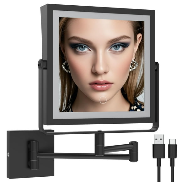 Ruacq Miroir de Maquillage Mural Rechargeable avec Lumières, Miroir Grossissant Double Face 1X/10X avec Éclairage 3 Couleurs, Écran Tactile Dimmable