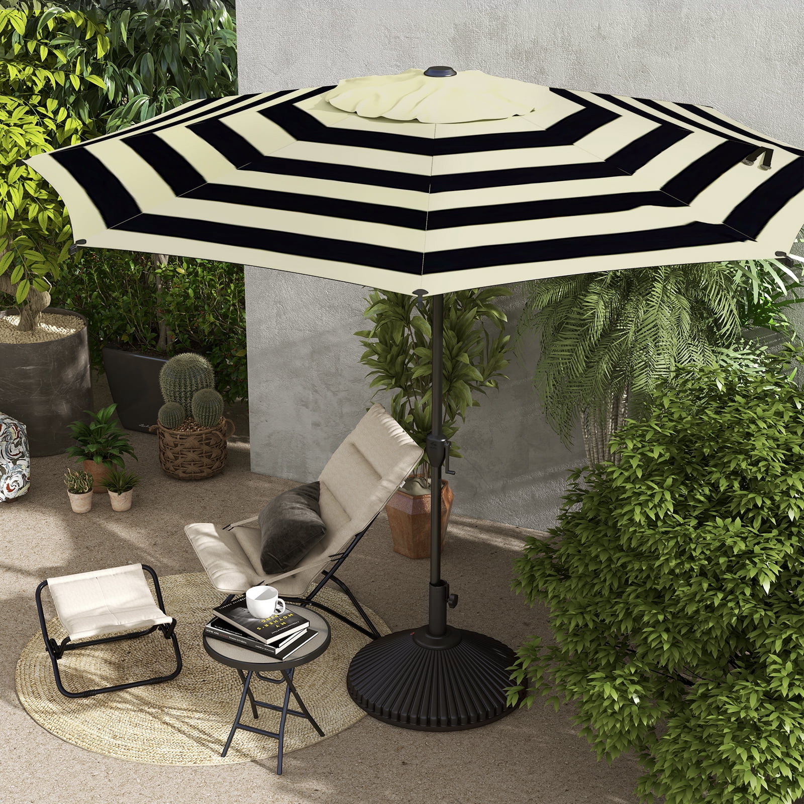 Abba Patio 9ft Outdoor Patio Umbrella, Push Button Tilt and Crank, 8 Ribs, Black & Cream Stripe