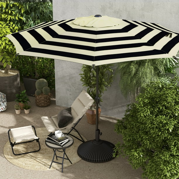 abba comercial crank & tilt 9 foot patio umbrellas Abba Patio 9ft Outdoor Patio Umbrella, Push Button Tilt and Crank, 8 Ribs, Black & Cream Stripe