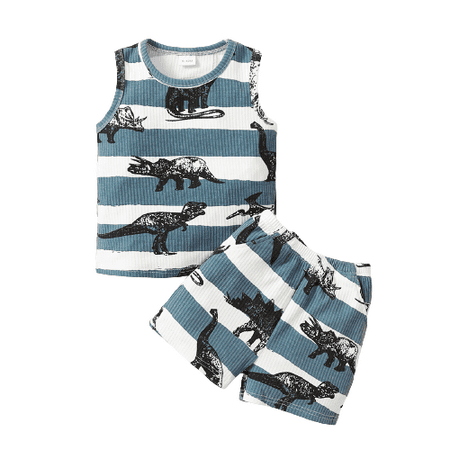 

Mikrdoo Baby Boys Outfits Dinosaur Stripe Sleeveless Tops Shorts For Summer 2Pcs Clothes Set Blue 9-12Months