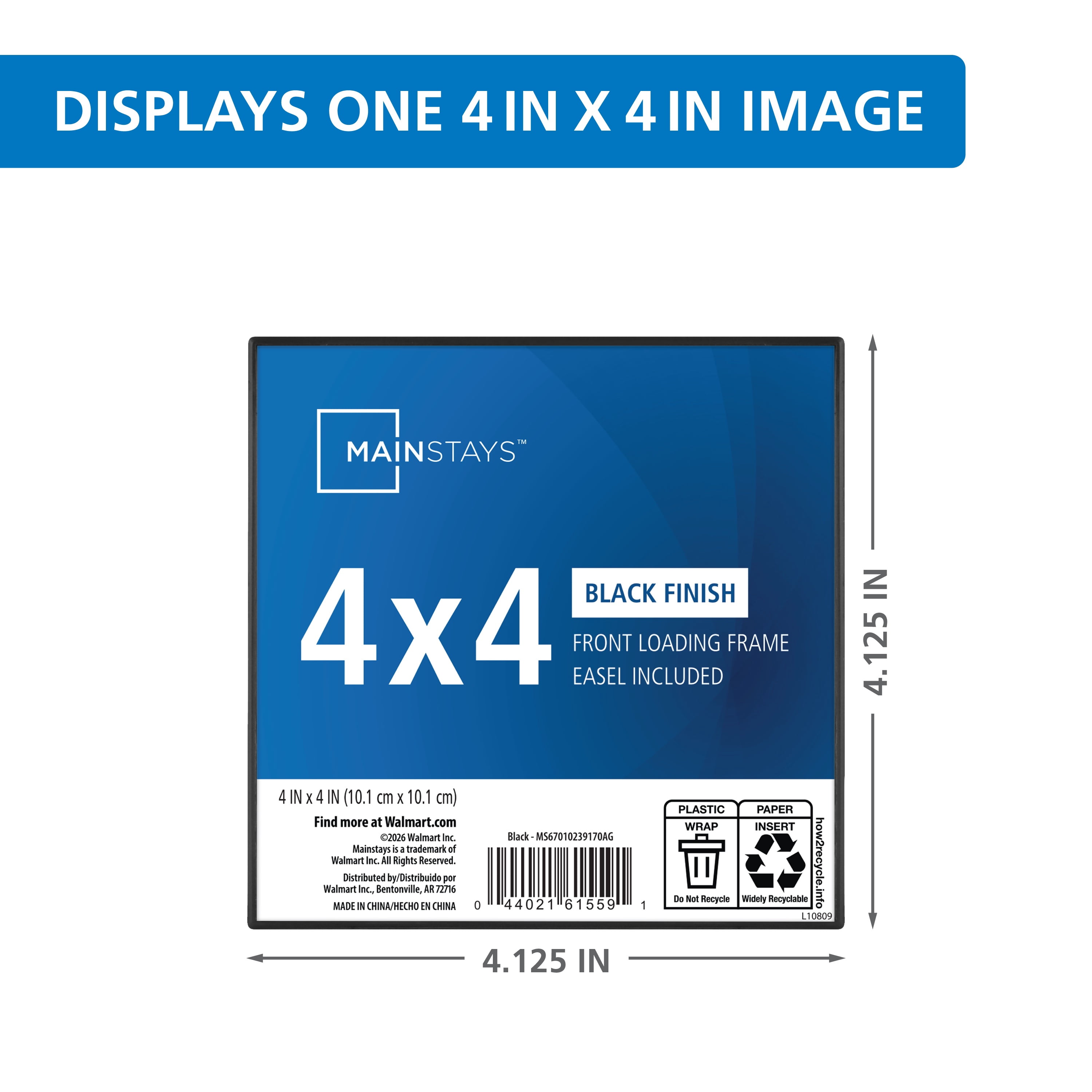 Mainstays 4 x 4 Picture Frame, Black, Front Loading, Wall or Tabletop