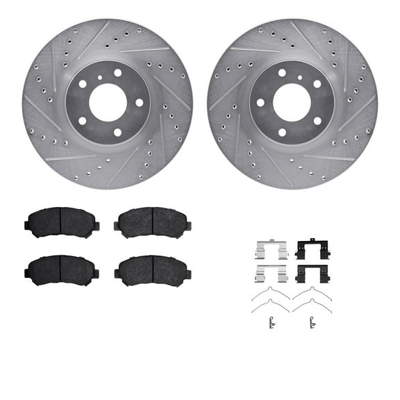 Dynamic Friction Company Front Brake Rotors-Drilled and Slotted-Silver with 5000 Advanced Brake Pads includes Hardware 7512-67058