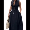 thumbnail image 1 of Vestido de Mujer con Escote en V Profundo, Cremallera, Mangas , Fruncido, Cintura Elástica, Abertura, Vestido Informal de Verano Midi con Bolsillos. Negro M, 1 of 7