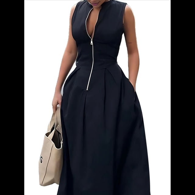 Vestido de Mujer con Escote en V Profundo, Cremallera, Mangas , Fruncido, Cintura Elástica, Abertura, Vestido Informal de Verano Midi con Bolsillos. Negro M