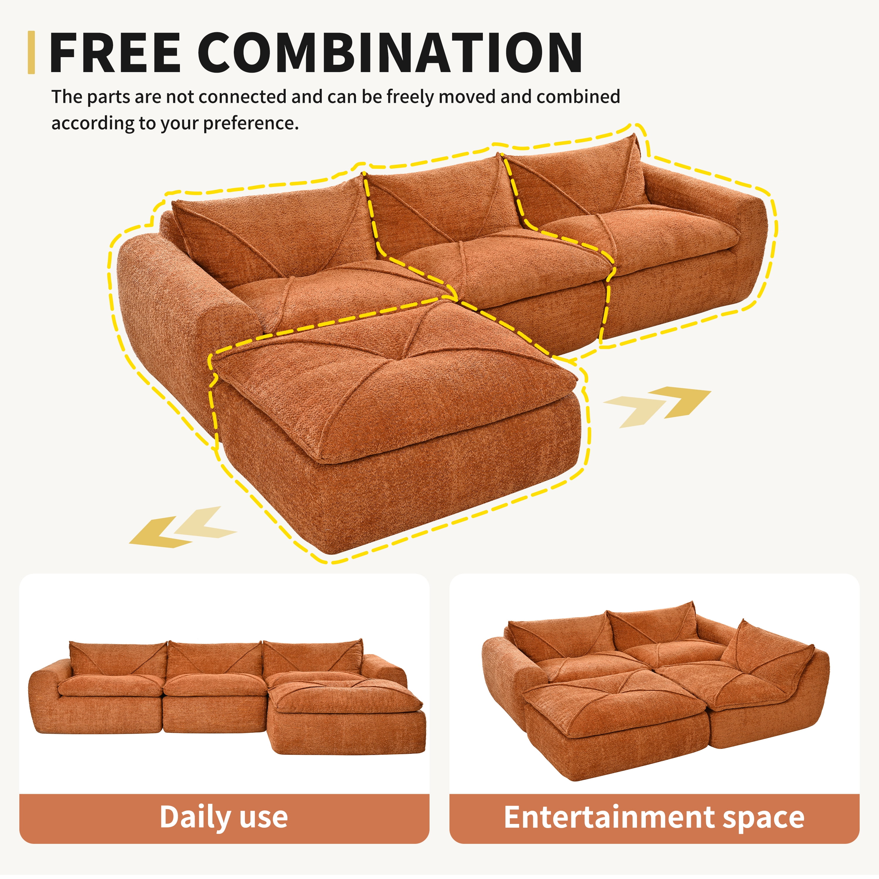 Euroco 116'' Fully Compressed Sofa with High Density Foam, Integrated Backrest&Seat Cushion, Decorative Edging, Legless Design without Frame, No Assembly Required, Free Combination