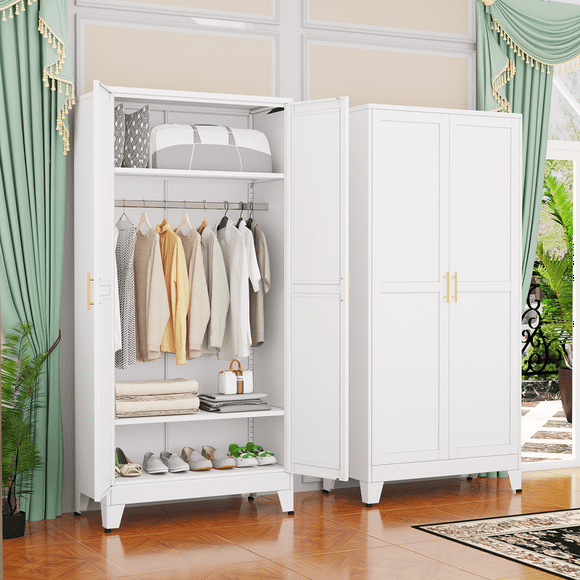 Geitin Freestanding Metal Armoire Wardrobe Closet Cabinet Sale with Doors Rod and Shelve White Black