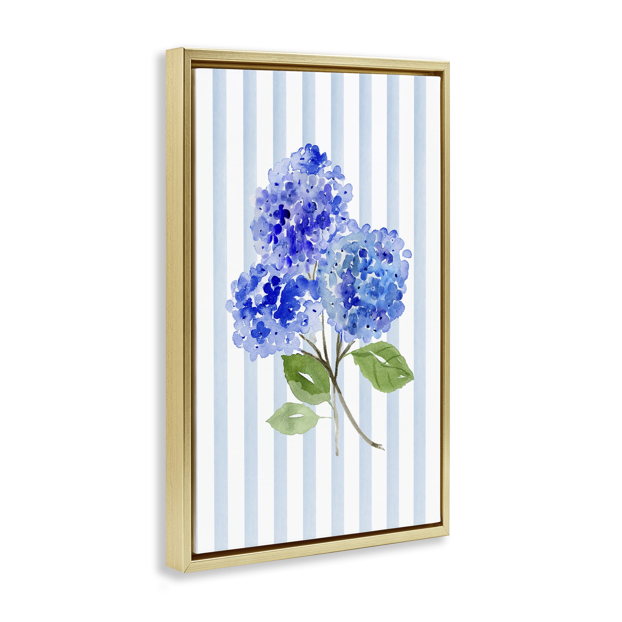 Stupell Industries Blue Hydrangeas over Stripes Gold Framed Floater Canvas Wall Art, design by Corinne Haig