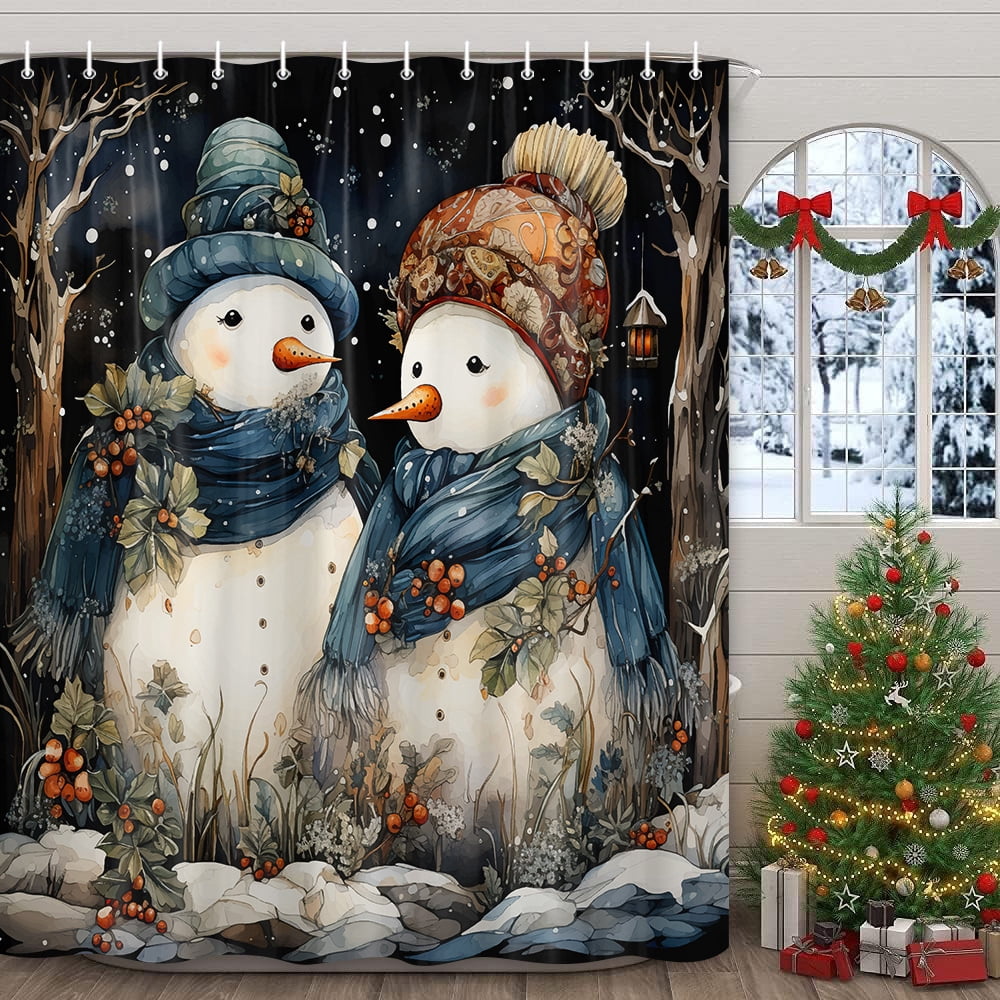 Merry Christmas Fabric Shower Curtain, Winter Snowman Shower Curtain Sets with Hooks, Xmas Snowman in Snowy Forest Waterproof Bathroom Accessories Decor 70X70in