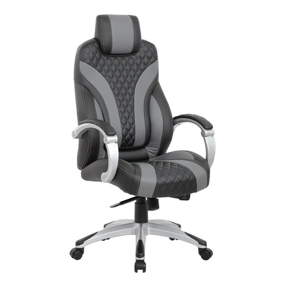 Boss Office Products Hinged Arm Executive Chair - Black, Gray Vinyl Seat - Black, Gray Vinyl Back - 5-star Base - Armrest - 1 Each