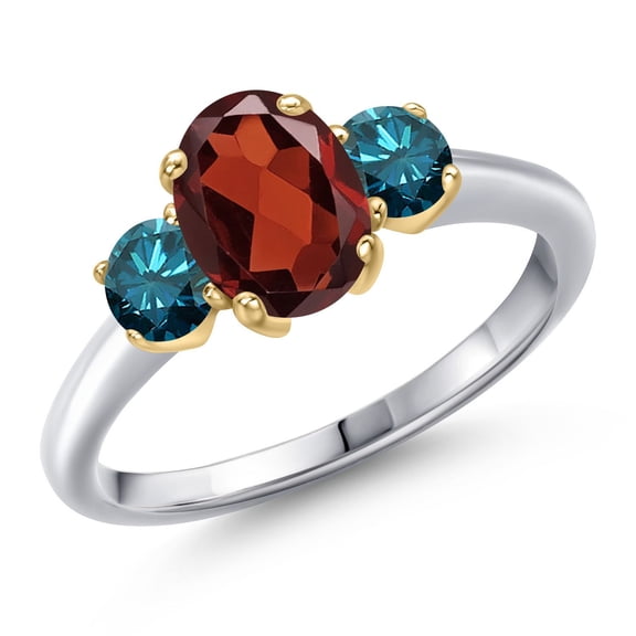 Gem Stone King 10K Two Tone Gold Red Garnet and Blue Diamond Engagement Ring for Women | 2.04 Cttw | Oval 8X6MM | Gemstone January Birthstone | Size 5