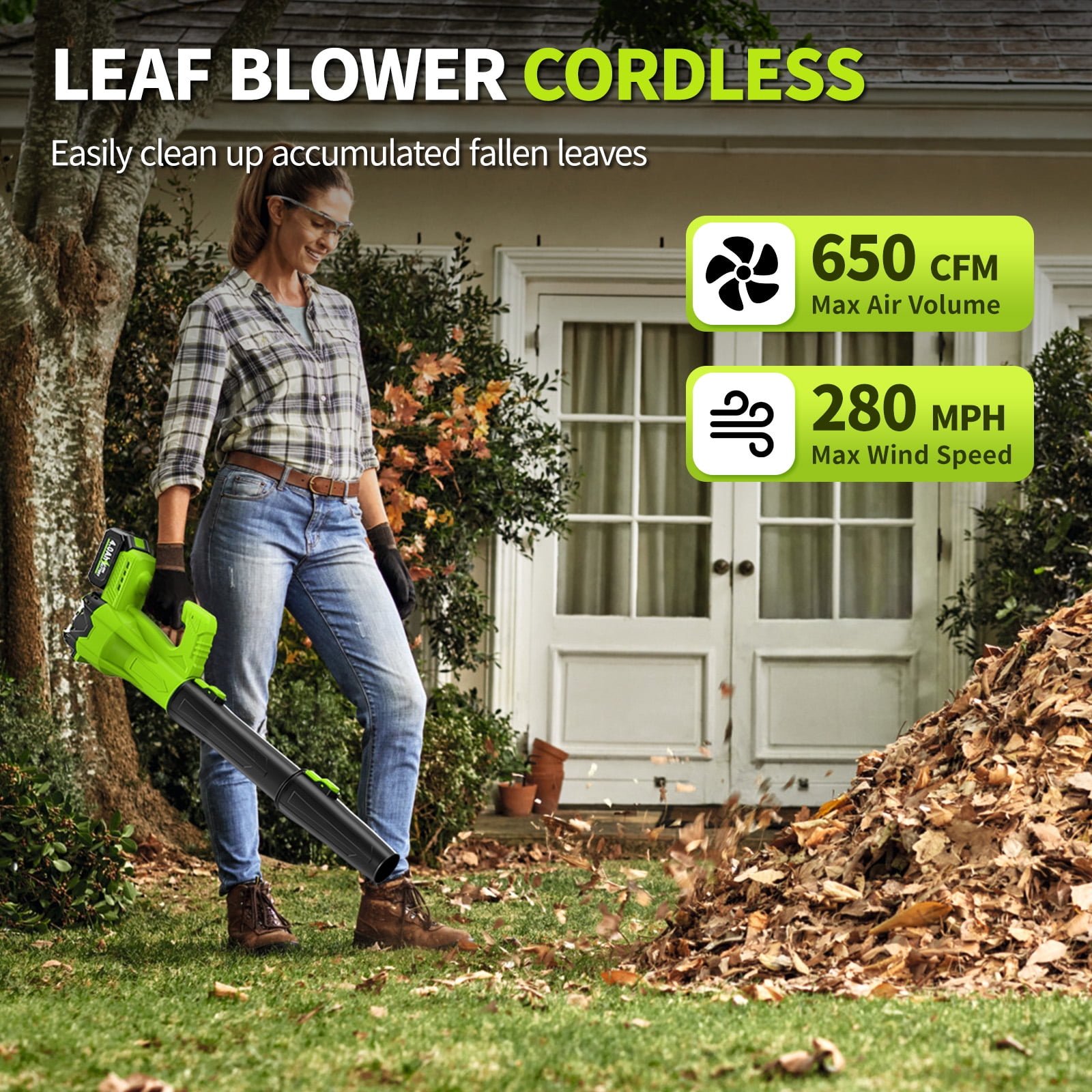 Leaf Blower Cordless, Electric Leaf Blower with 4.0Ah Battery, Charger And Extended Nozzle, 650 CFM & 280 MPH Handheld Battery Blowers, 21V Lightweight Small Leaf Blower for Lawn Care, Garden, Patio