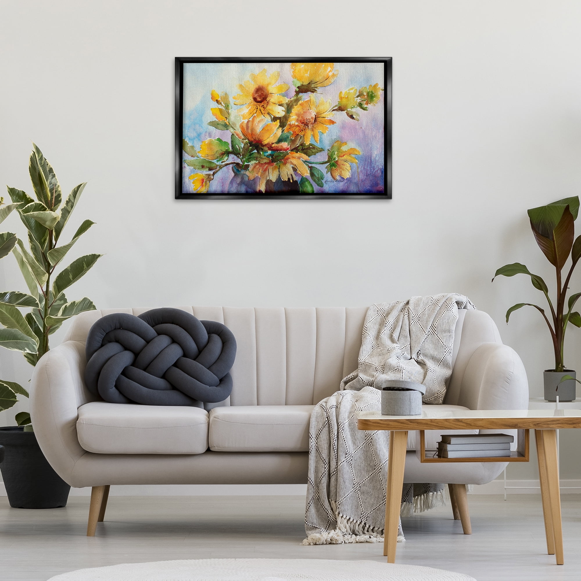 Stupell Industries Watercolor Daisies Vase Botanical & Floral Painting Black Floater Framed Art Print Wall Art, 31 x 21