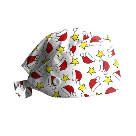 

Wodofoxo Promotion Womens and Mens Christmas Printed Nurse Working Scrub Cap with Buttons Adjust Sweatband Working Cap Bouffant Hats