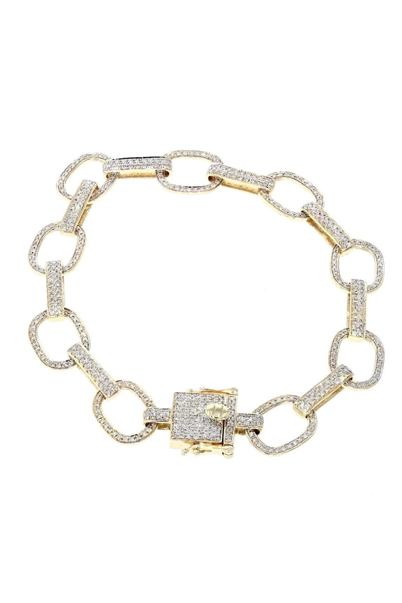 14K Gold Mens Diamond Bracelet Link Style Flat 2.3ctw 8 Inch Long with Box Clasp 10mm Wide Fancy Link Bracelet