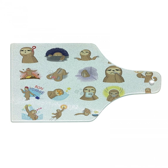 Sloth Cutting Board, Manga Style Sloth Characters with Different Expression and Poses Humorous Design, Decorative Tempered Glass Cutting and Serving Board, Wine Bottle Shape, Multicolor, by Ambesonne