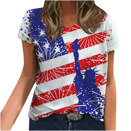 

Summer Women Casual Tee American USA Flag Print Short Sleeve Fashion T-shirt Tops Loose V Neck Comfy Tunic Shirts