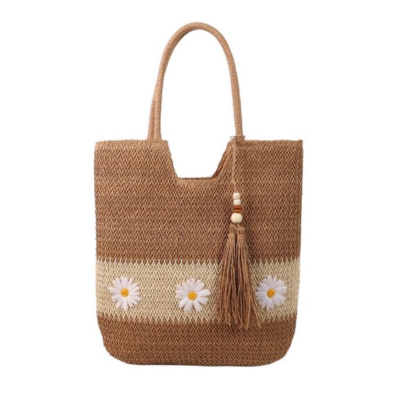 Straw Bags for Women, Daisy Woven Straw Beach Tote with Tassels Casual Shoulder Handbag (Brown)