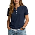 thumbnail image 2 of Womens Tops Women's Casual Color V-neck Short-sleeved T-shirt With Decorative Buttons. Navy L, 2 of 6