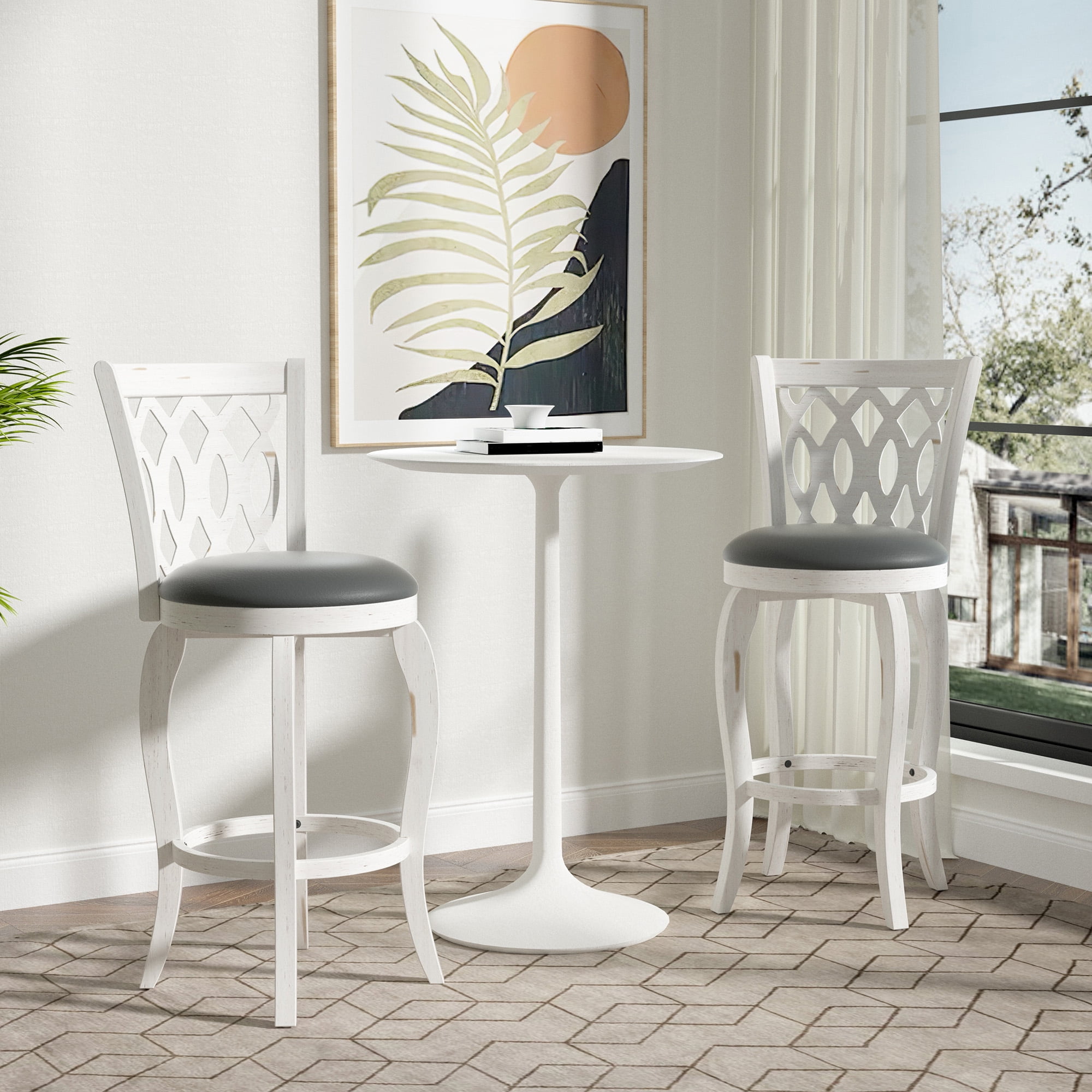 Joywind 29" Bar Height Swivel Bar Stools with High Back, Upholstered Seat & Solid Wood Footrest, White, Set of 2