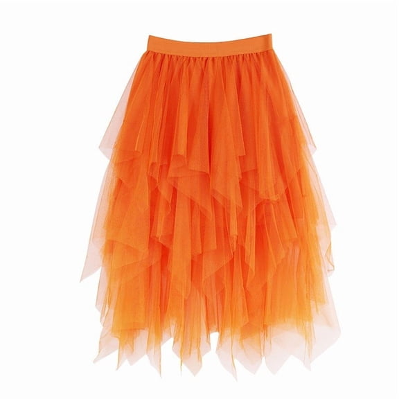 Women's High-Waist Flowy Midi Skirt with Layered Tulle for Parties and Special Events, Asymmetrical Party Skirt for a Dramatic Look, Apparel for Ladies,Orange Large