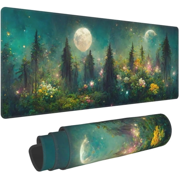 Psychedelicforest Moon Flower Landscape Mouse Pad XL Extended Mat, Non Slip Rubber Base Stitched Edge Gaming Pc Desktop Large Mice Pad 31.5 X 11.8 Inch