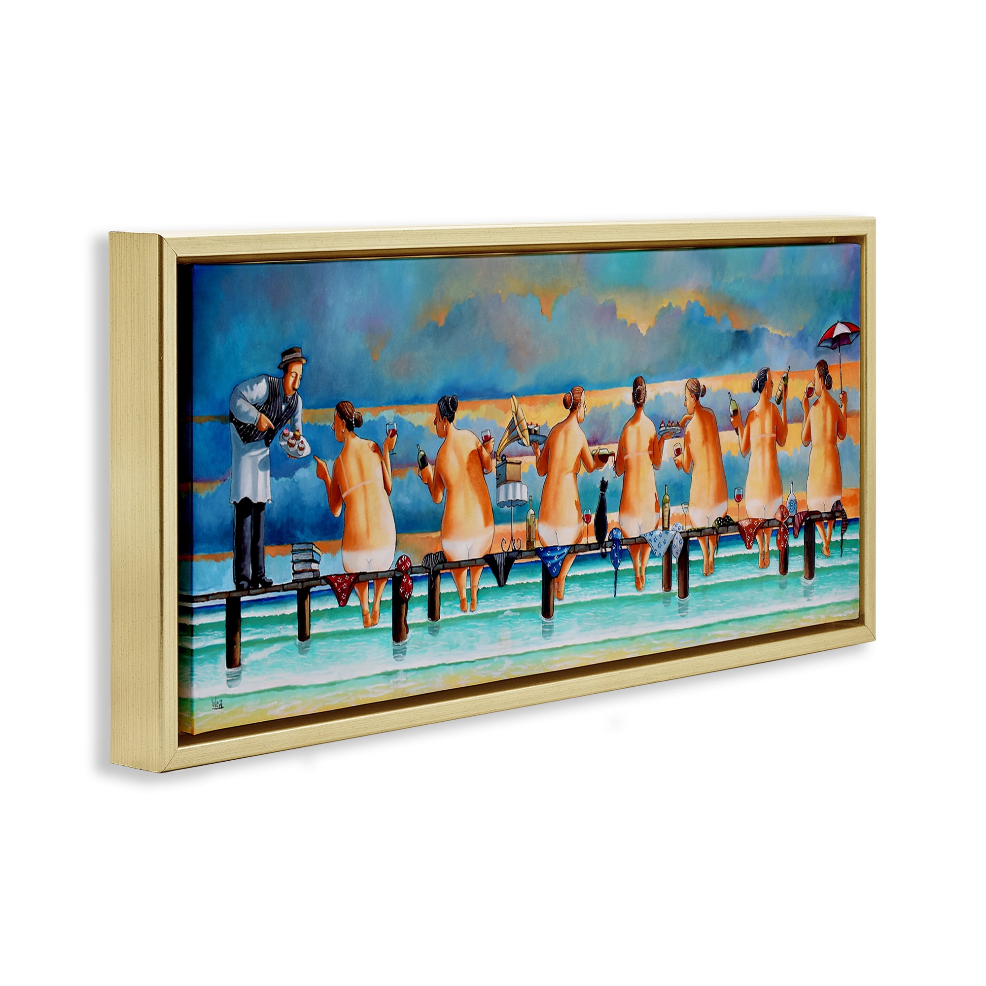 Stupell Industries Ladies Enjoying Beach Novelty Painting Gold Floater Framed Canvas Art Print Wall Art, 25 x 11