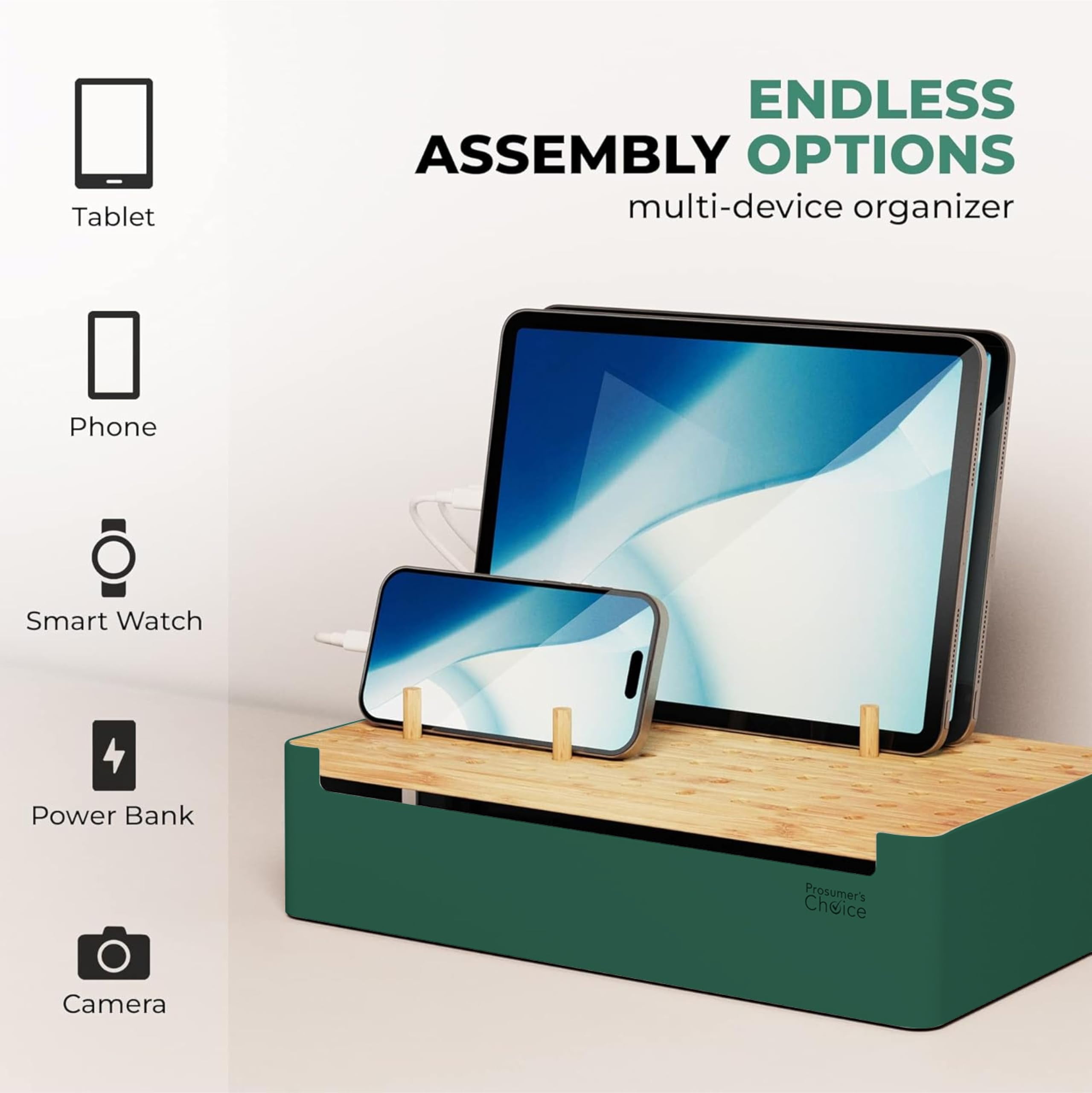 Prosumer's Choice Bamboo Charging Station - Multi Charger Station Organizer - Desk Docking Station for Phones, Tablets, Laptop - Wooden Charging Station with Removable Dividers - Cables Not Included