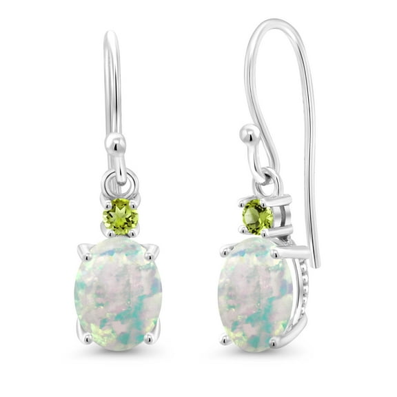 Gem Stone King 10K White Gold White Opal and Green Peridot Dangle Earrings for Women (2.24 Cttw, Gemstone Birthstone, Oval 8x6mm)