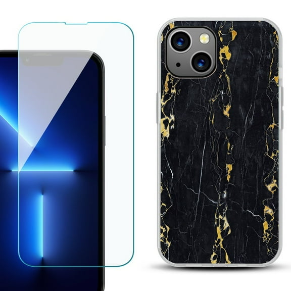 OneToughShield ® for iPhone 15 Fashion Phone Case, with Tempered Glass Screen Protector - Marble / Gold/Black