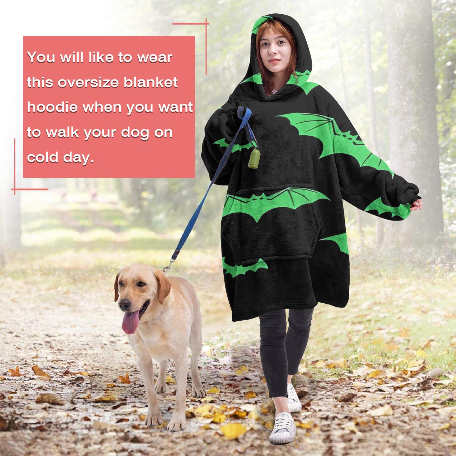 Wearable Oversized Blanket,Black Halloween Bats with Green Wearable Blanket Hoodie for Adults,Cozy Hooded Blankets with Super Pockets,Super Warm Fuzzy Pullover for Women & Men