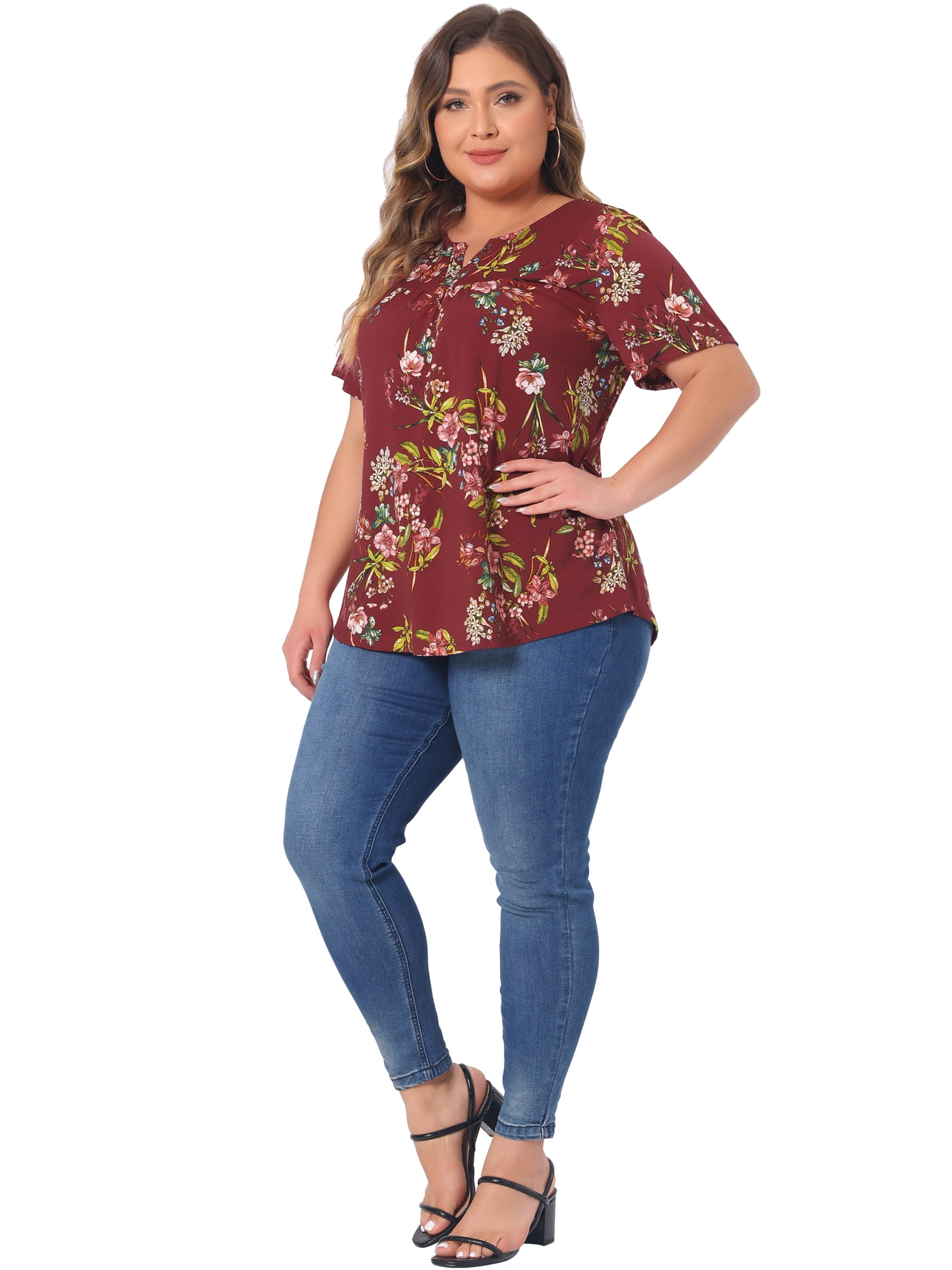 DARING DIVA Women's Plus V Neck Floral Print Casual Top 1X Red