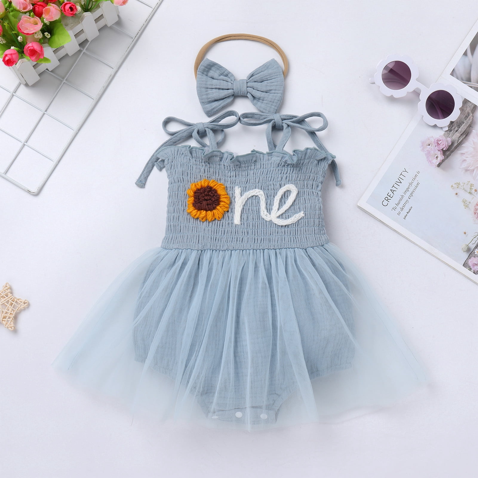 IDOPIP Baby Girls 1st Birthday Outfit Spaghetti Straps Romper Dress with Headband Cake Smash Outfit