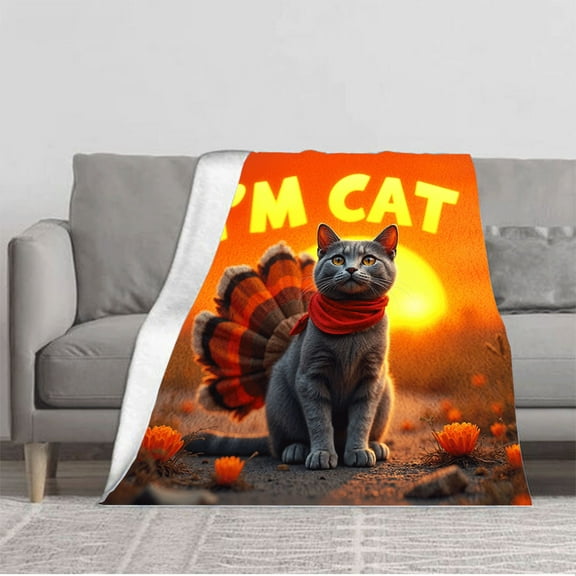 Cozy Flannel Blanket with Colorful Cat Design & Orange Flower Pattern - Soft Warm Perfect for Sofa Travel Bed & Chair