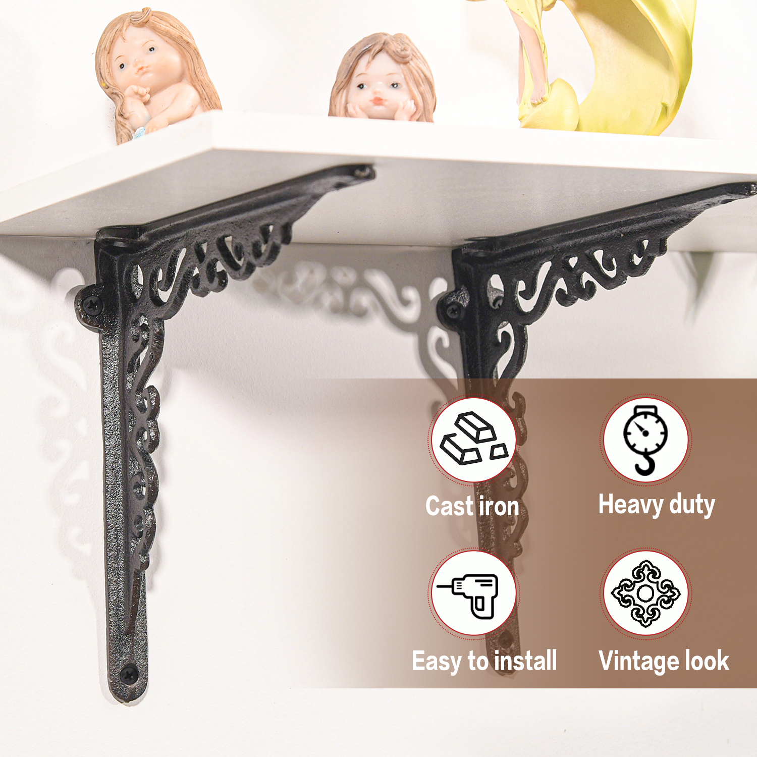 Sungmor 7.3" Cast Iron Shelf Brackets, Wall Hanging Support, Black, 2-Piece