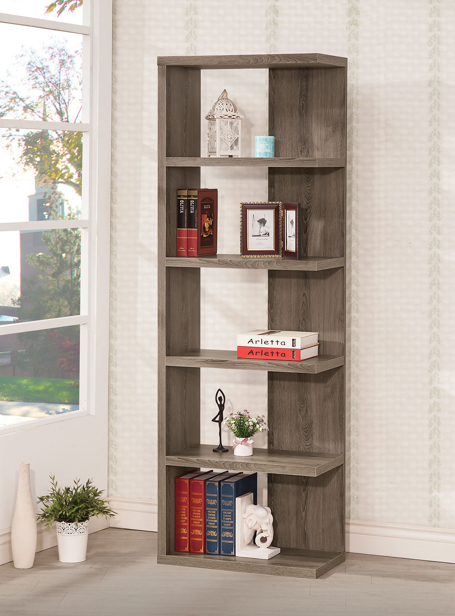 Contemporary Weathered Modern Bookcase Bookshelf Display Rack Semi-backless Grey 
