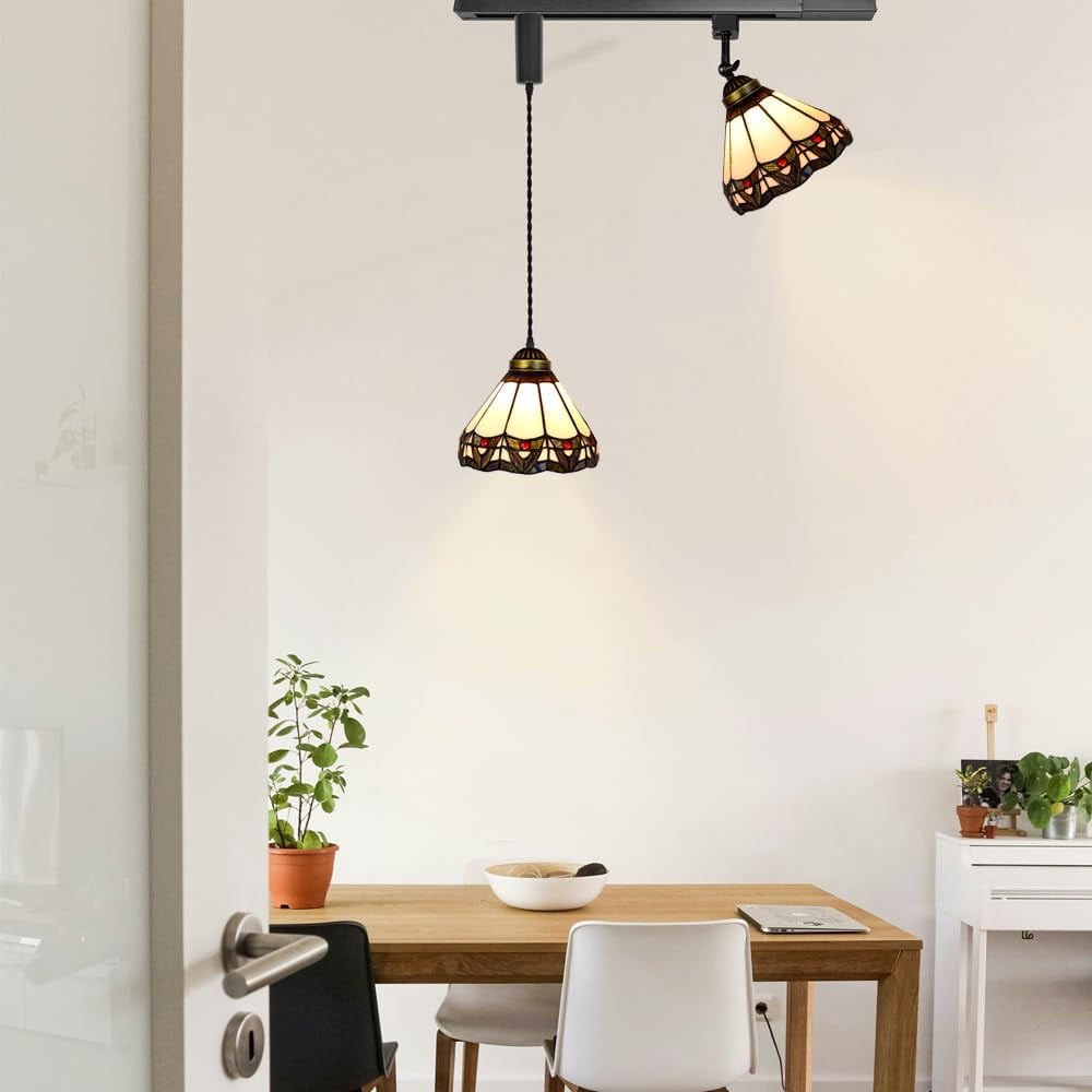 KAYYELAMP 1x Plug in Cable Track Rail, 1X Adjustable Cord, 1x Adjustable Angle Handmade Glass Shade Tiffany H-Type Track Lighting Fixture for Kitchen Loft(No Bulb)
