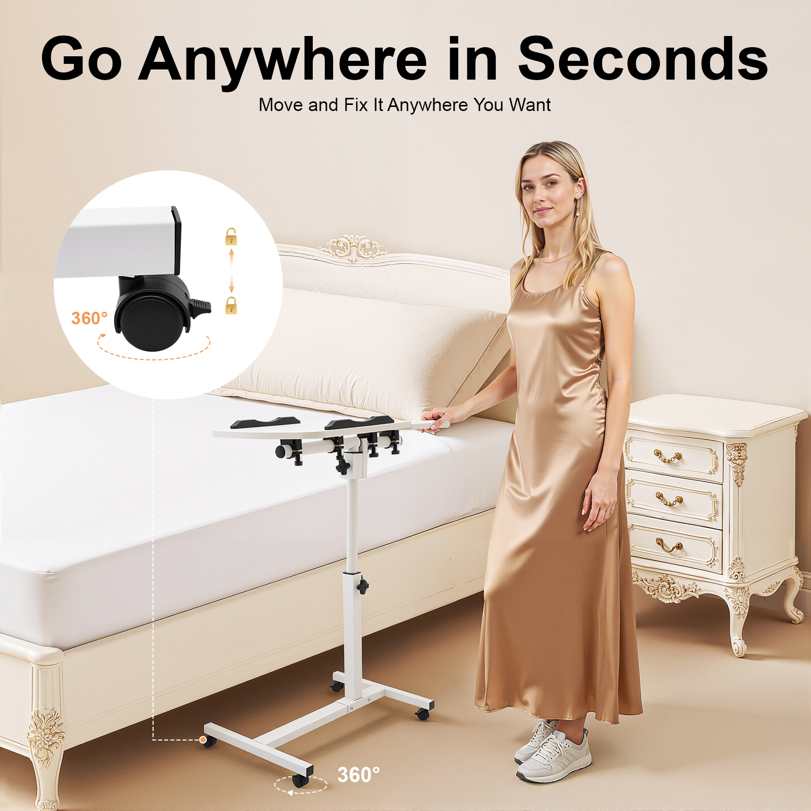 ChicHomey Adjustable Laptop Desk,360° Rotatable Desktop,Mobile Rolling Laptop Desk Stand,Foldable MDF & Carbon Steel, White for Home/Office