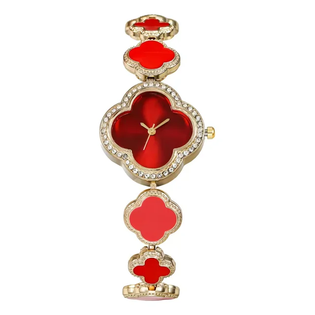 Reloj Impermeable De Cuarzo Con Pulsera De Joyería Verde Correa Rojo Fondo Rojo
