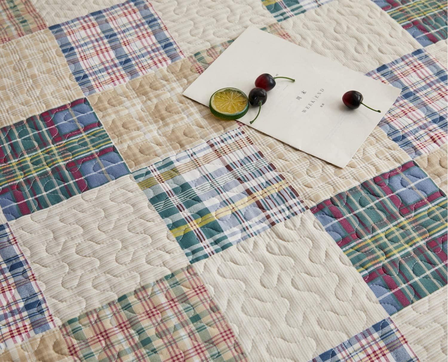 Jessy Home Beige Plaid Quilt Full/Queen Patchwork Bedding Microfiber Bedspread Coverlet