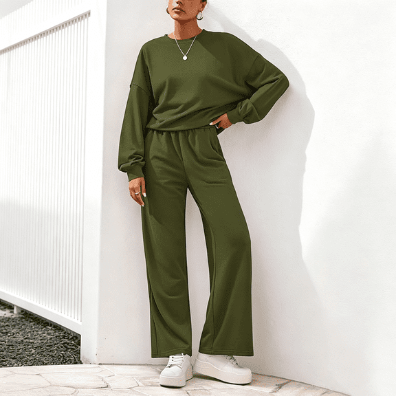 Women 2 Piece Outfits Fall Sweatsuits Crewneck Sweatshirt Wide Leg Sweatpants Lounge Sets Tracksuit