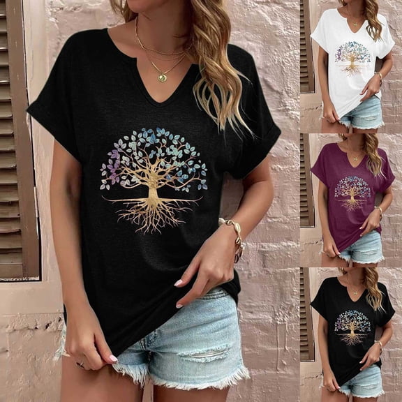 Trendfront Womens Tree Of Life Tops Graphic Print V Neck Casual Short Sleeve Loose Fit Tee Trendy Fashion T Shirts Pullover Daily Wear