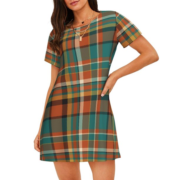 Easygdp colorful plaid Camisón de manga corta para mujer, informal, estampado