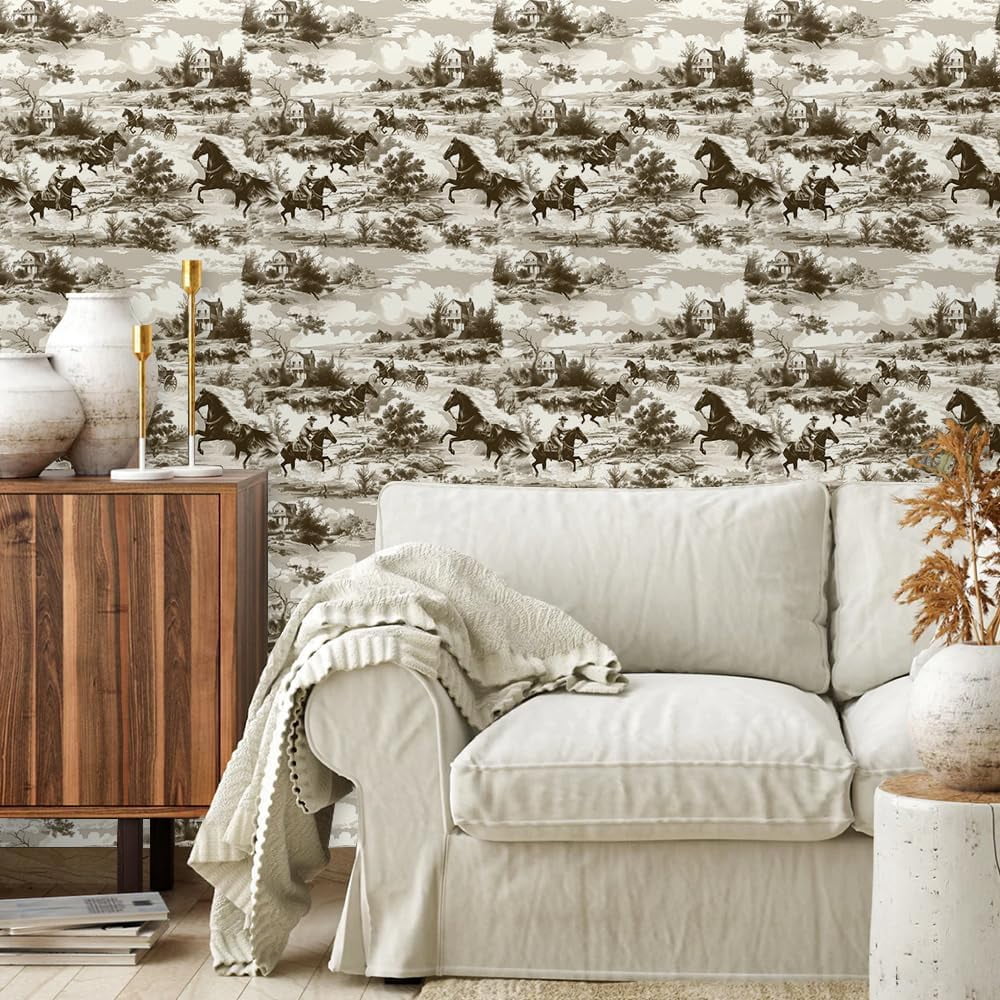 Beige Brown White Western Horse Landscape Peel and Stick Wallpaper Contact Paper Vintage Vinyl Stick on Wall Paper for Bedroom Bathroom Kitchen Cabinet Renter Friendly