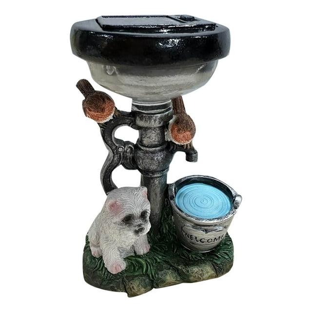 Fiudx Lámpara de Jardín con Cachorro y Pájaro, Estatua Caprichosa de Terrier y Pájaros, Iluminación Solar, Decoración para Exterior o Interior, Resina Resistente a La Intemperie, Regalo Perfecto para
